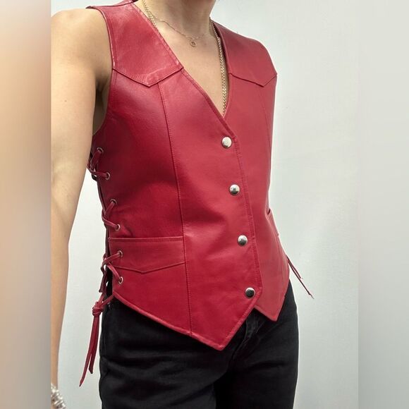 Vintage 90s Red Lace Up Leather Biker Vest Snap Front Size M - Picture 2 of 14